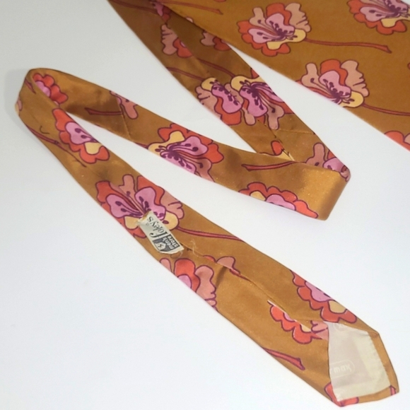 Peter Max Silk Tie Signed Pop Art Bronze Orange Pink Hibiscus Floral Print Retro - Picture 4 of 8